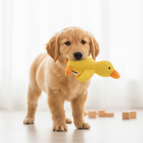 Chien jouant avec le jouet canard en peluche - Museau Club
